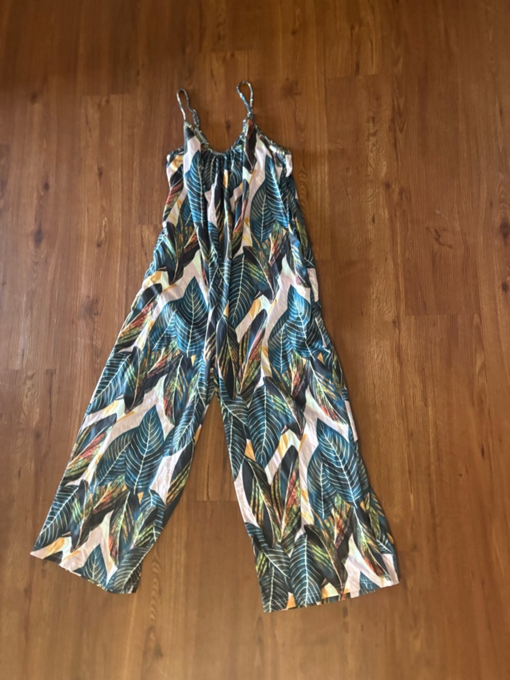 Tropical Leaf Wide-Leg Spaghetti Strap Jumpsuit in Teal